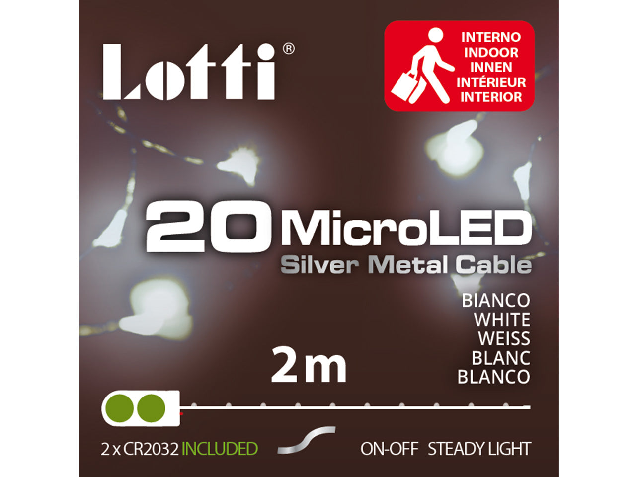 Filo metallo argento 2mt con 20micro led bianco freddo luce fissa a batteria 2xcr2032 incluse