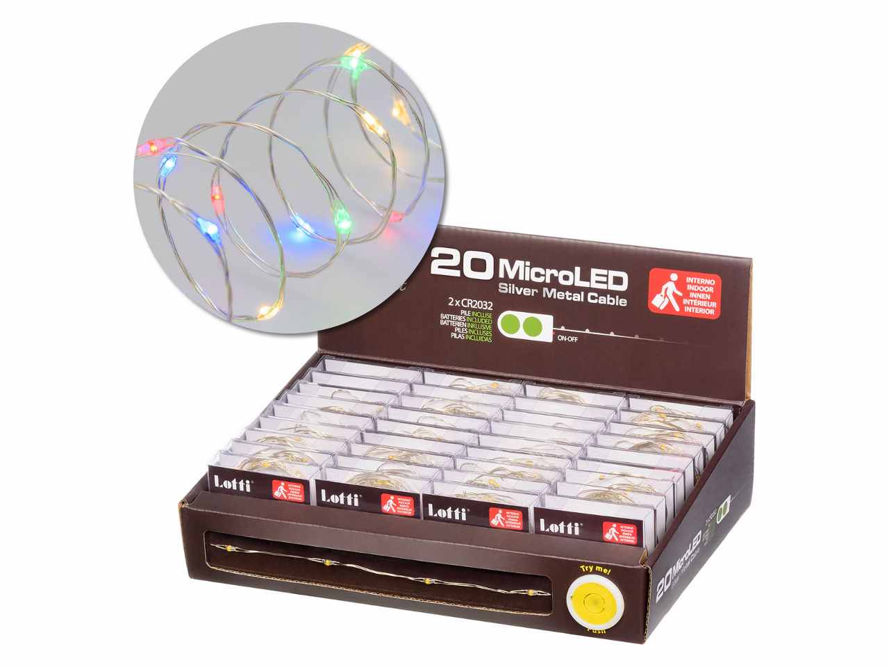 Filo metallo argento 2mt con 20micro led multicolor luce fissa a batteria 2xcr2032 incluse