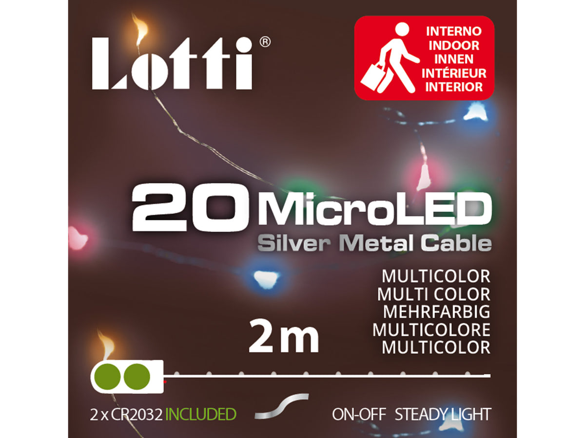 Luci con filo in metallo argento 2mt, 20 micro led multicolor, luce fissa, a batteria 2xCR2032 incluse