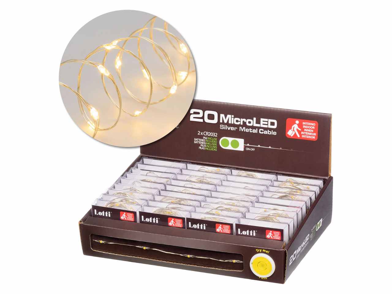 Filo metallo argento 2mt con 20micro led bianco caldo luce fissa a batteria 2xcr2032 incluse