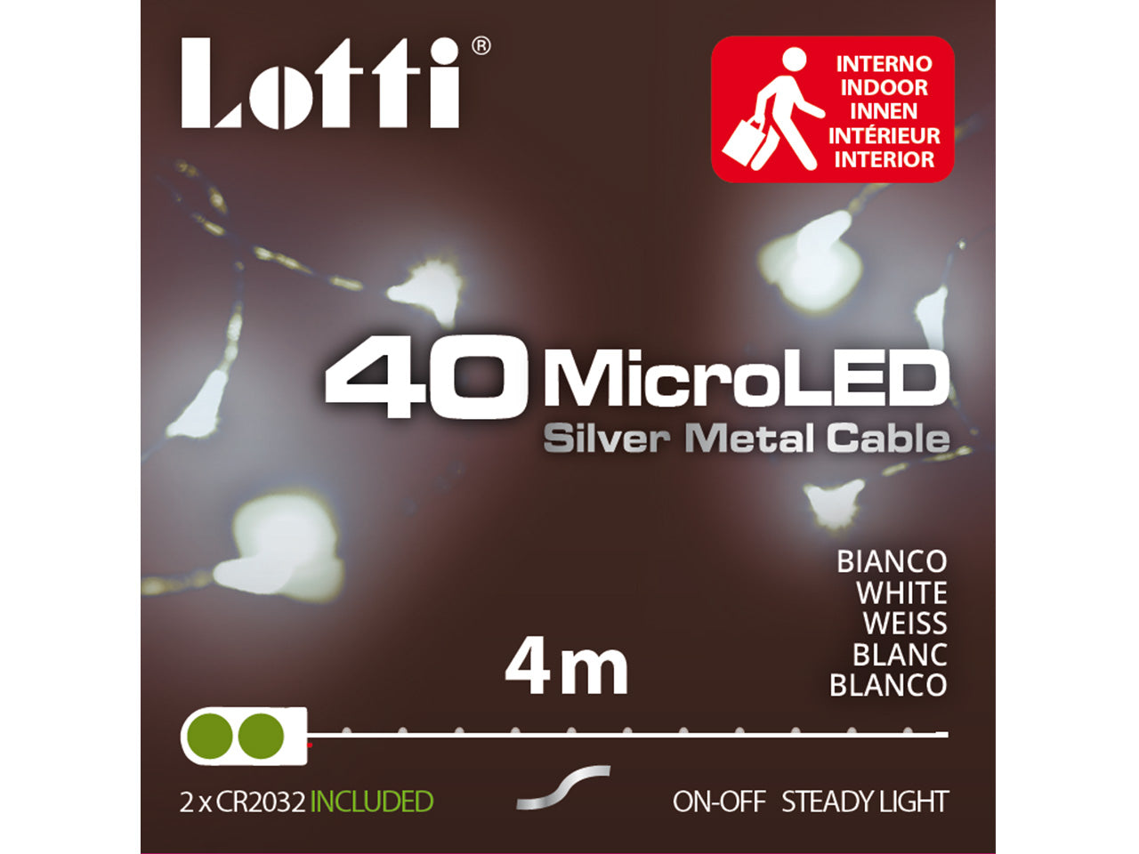 Filo metallo argento 4mt con 40micro led bianco freddo luce fissa a batteria 2xcr2032 incluse