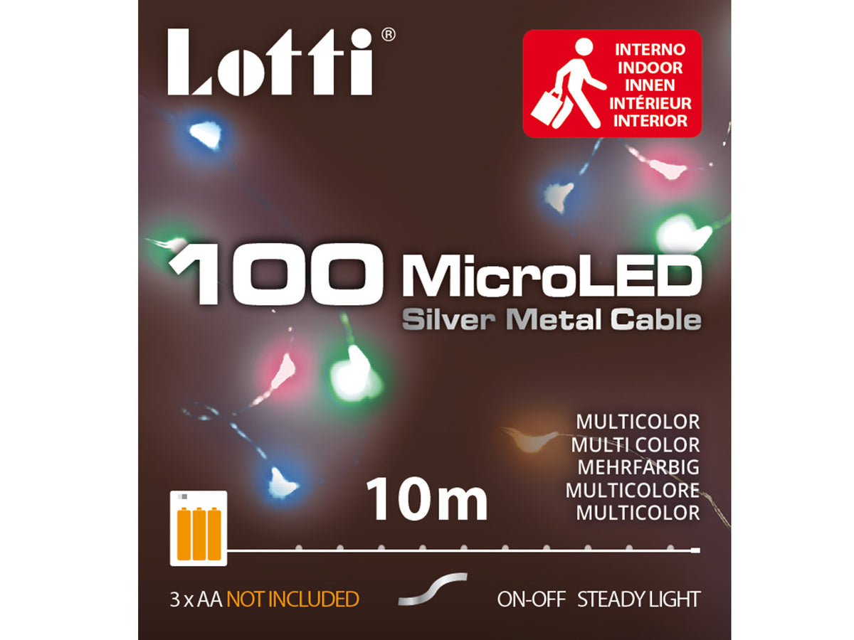 Luci con filo in metallo argento, 100 mini led multicolor, luce fissa, a batteria, uso interno