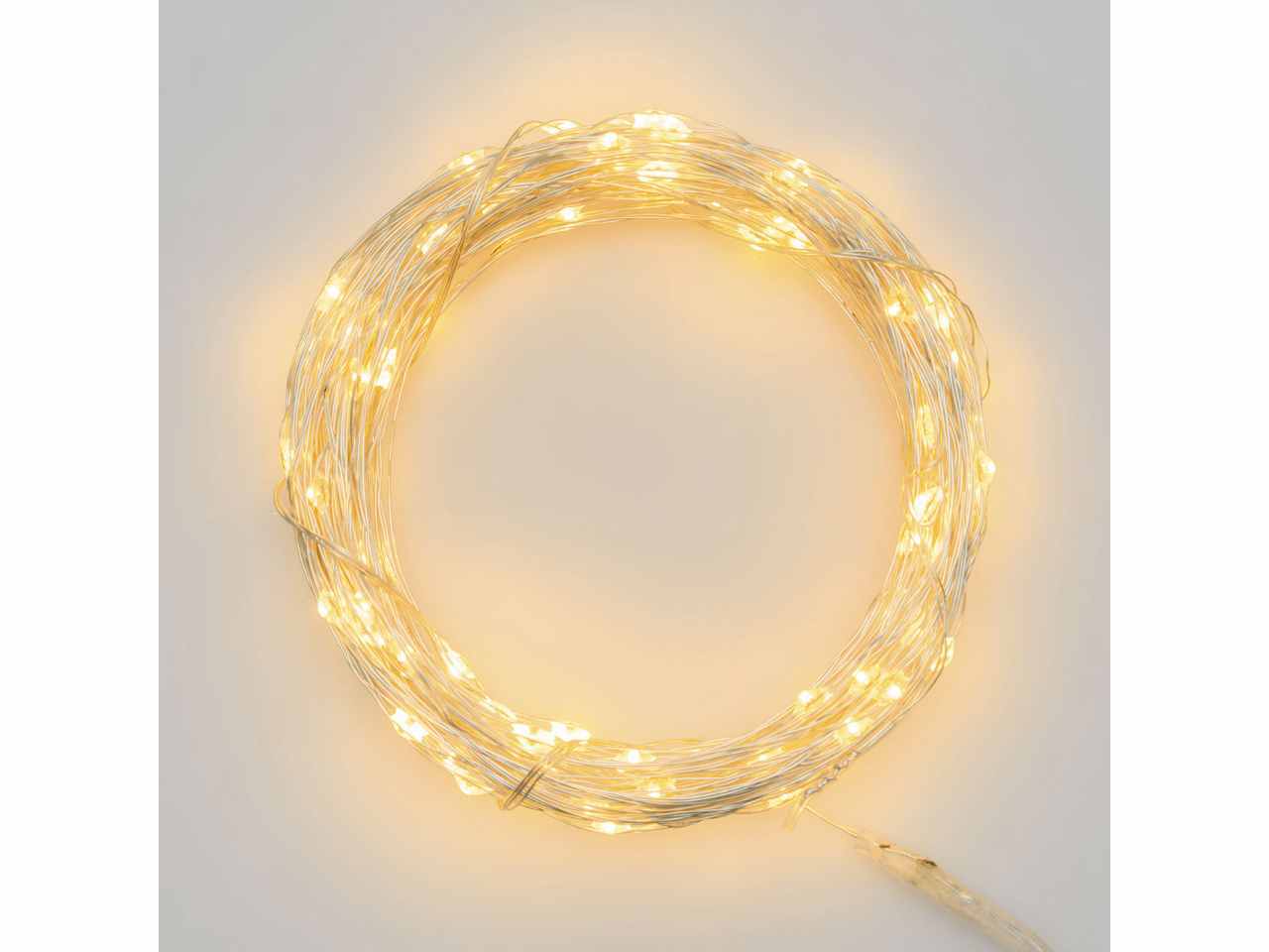 Filo metallo argento 14mt con 140micro led bianco caldo luce fissa a batteria 4xAA1,5V non incluse
