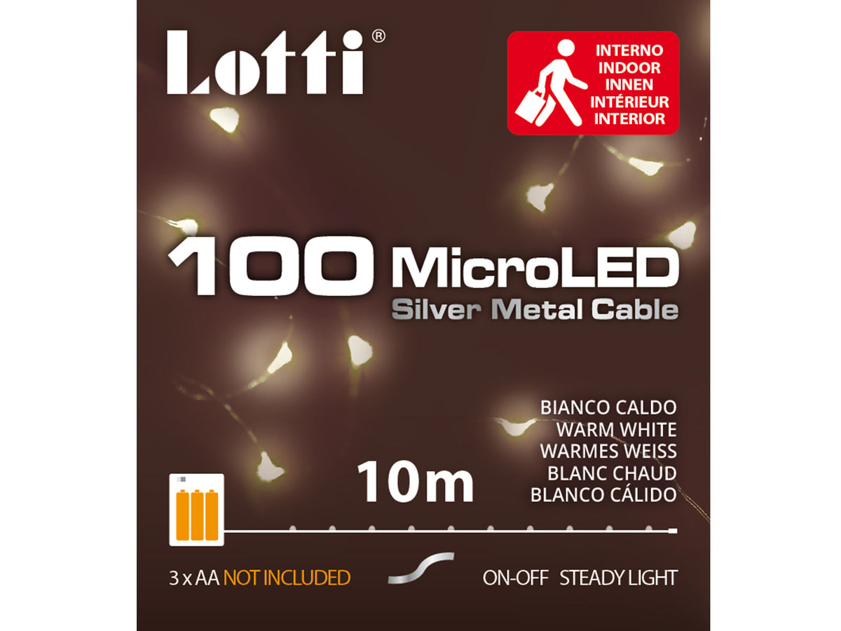 Luci con filo in metallo argento 10mt, 100 micro led bianco caldo, luce fissa, a batteria 3xAA 1,5V non incluse