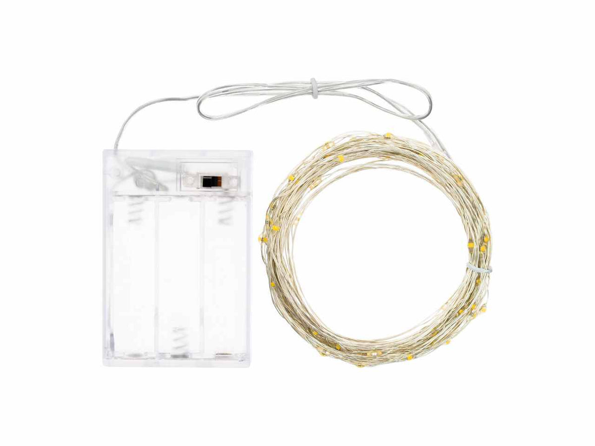 Luci con filo in metallo argento 10mt, 100 micro led bianco caldo, luce fissa, a batteria 3xAA 1,5V non incluse