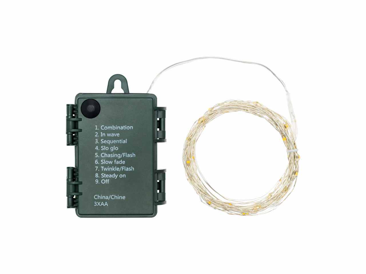 Filo metallo argento 4mt con 40micro led bianco caldo, giochi di luce a batteria 3xAA1,5V (non incluse) per uso interno/esterno IP44