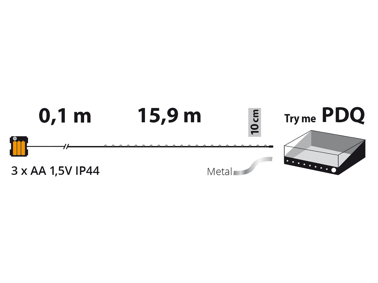 Filo metallo argento 16mt con 160micro led bianco caldo, giochi di luce a batteria 3xAA1,5V (non incluse) per uso interno/esterno IP44