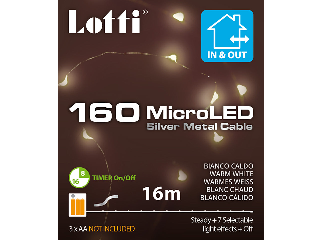 Filo metallo argento 16mt con 160micro led bianco caldo, giochi di luce a batteria 3xAA1,5V (non incluse) per uso interno/esterno IP44
