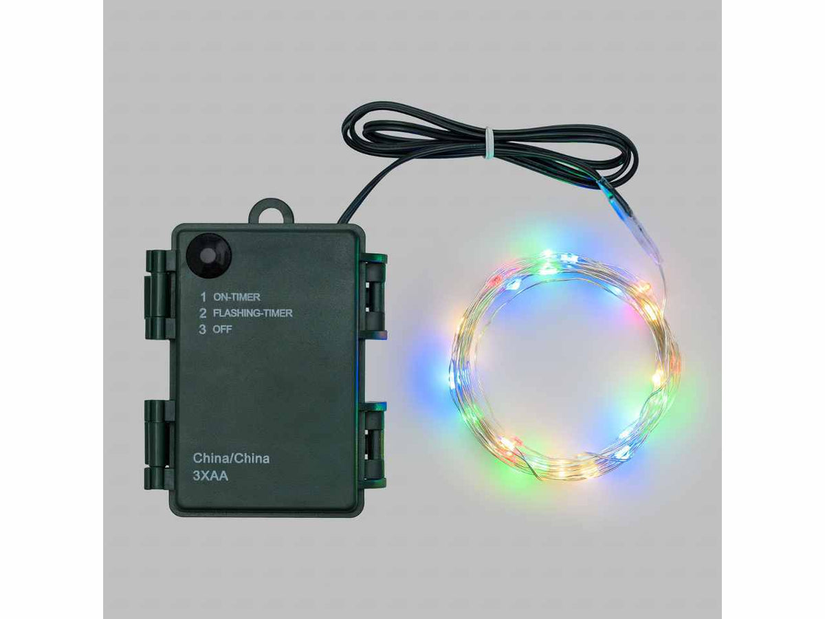 Luci con filo in metallo argento 8mt, 80 micro led multicolor, giochi di luce, a batteria 3xAA 1,5V non incluse, uso interno/esterno IP44