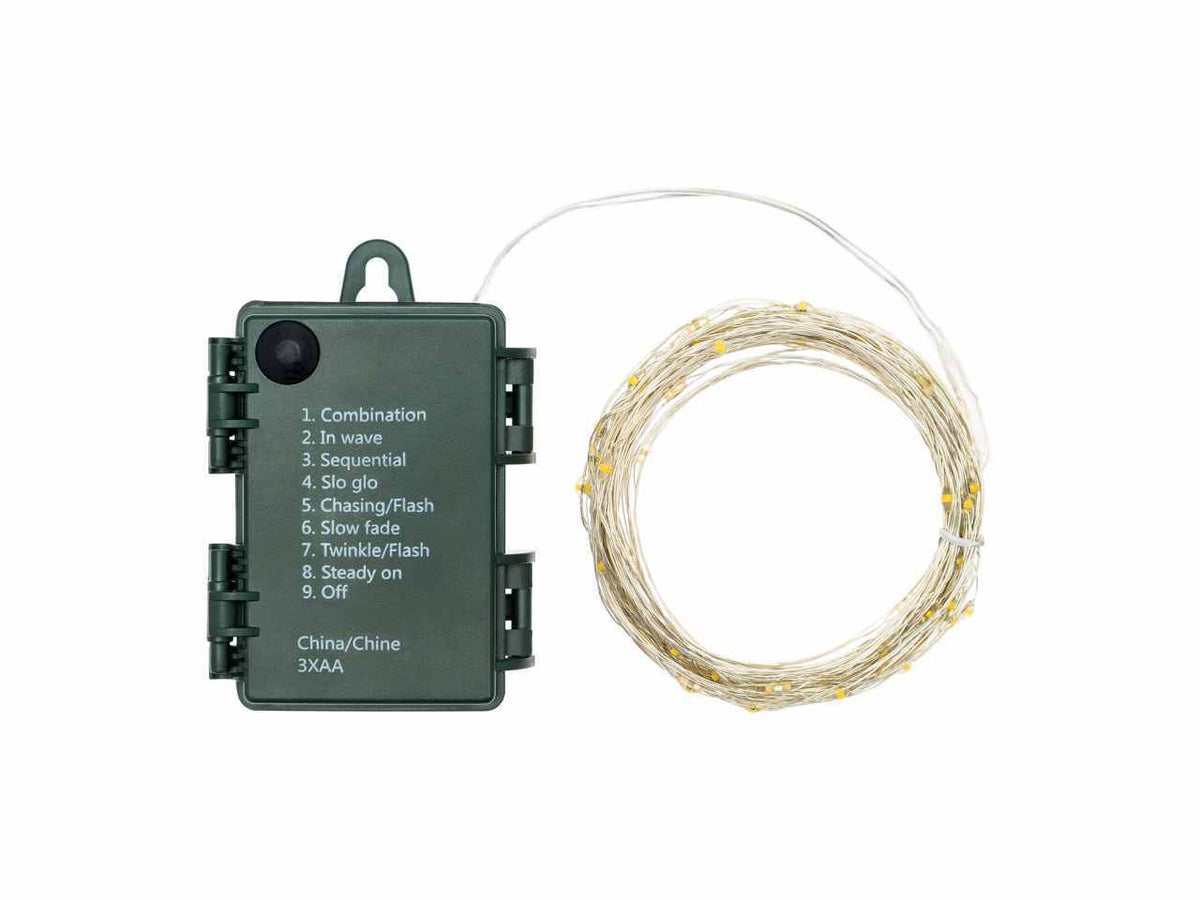 Luci con filo in metallo argento 8mt, 80 micro led multicolor, giochi di luce, a batteria 3xAA 1,5V non incluse, uso interno/esterno IP44