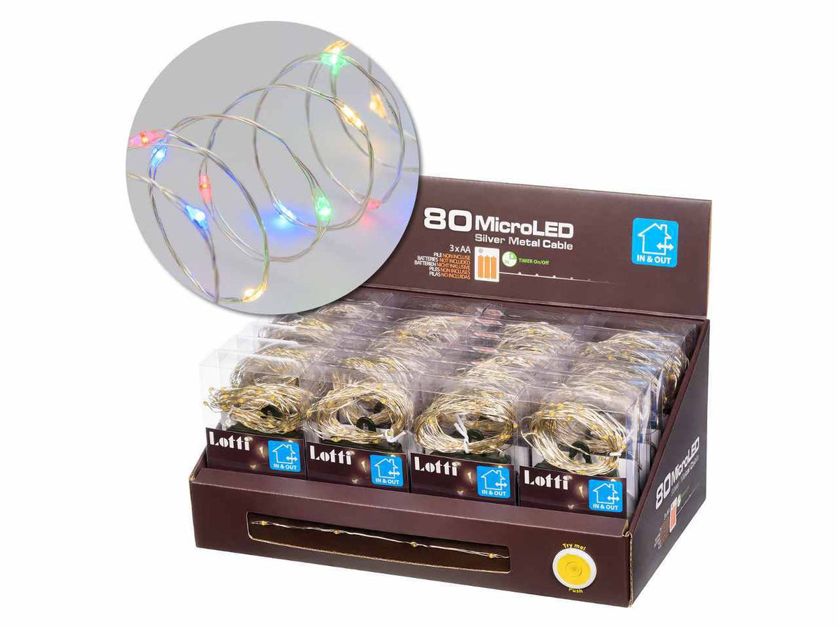 Luci con filo in metallo argento 8mt, 80 micro led multicolor, giochi di luce, a batteria 3xAA 1,5V non incluse, uso interno/esterno IP44