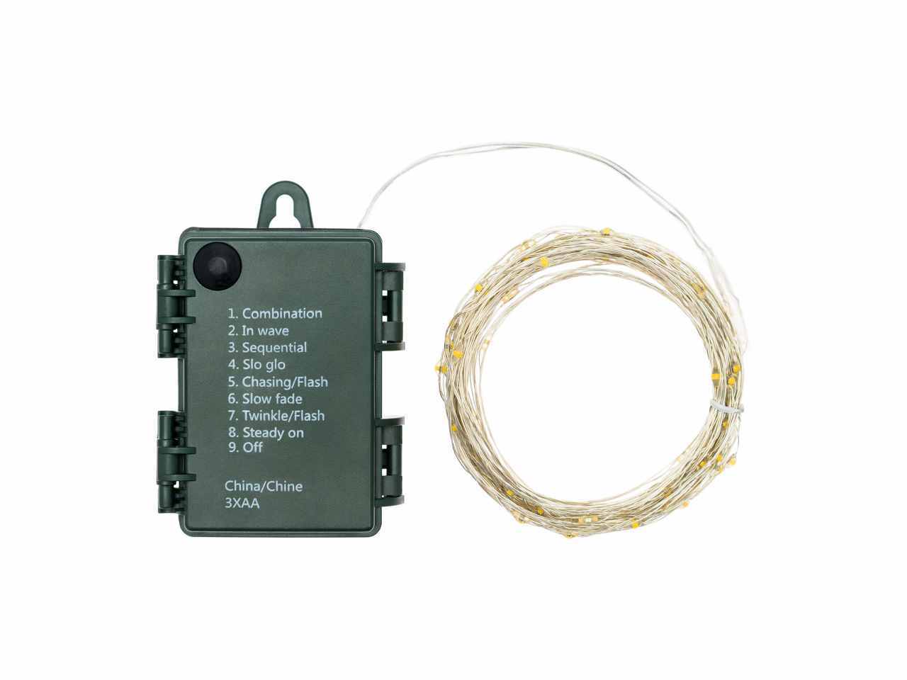 Filo metallo argento 8mt con 80micro led bianco caldo, giochi di luce a batteria 3xAA1,5V (non incluse) per uso interno/esterno IP44