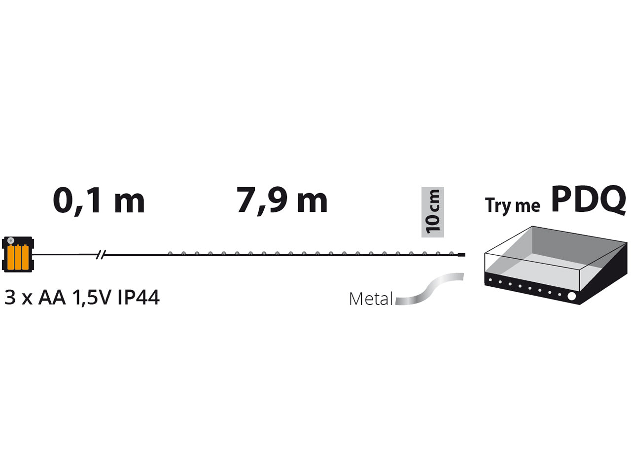 Filo metallo argento 8mt con 80micro led bianco caldo, giochi di luce a batteria 3xAA1,5V (non incluse) per uso interno/esterno IP44