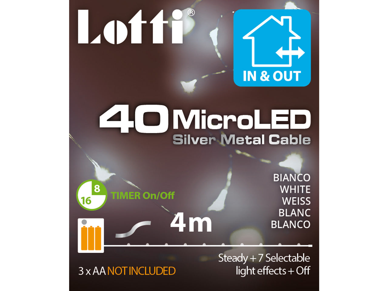 Filo metallo argento 4mt con 40micro led bianco freddo, giochi di luce a batteria 3xAA1,5V (non incluse) per uso interno/esterno IP44