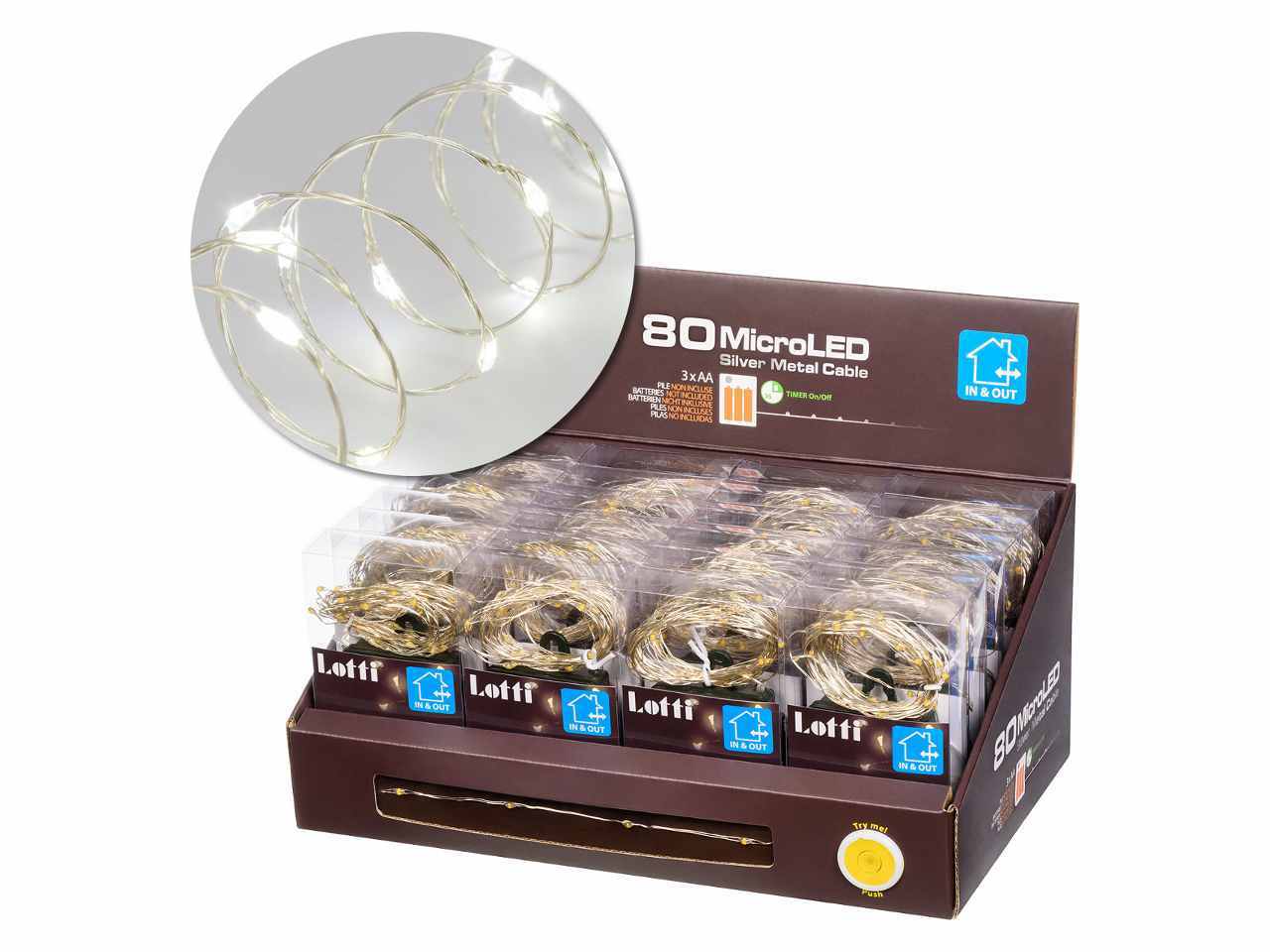 Filo metallo argento 8mt con 80micro led bianco freddo, giochi di luce a batteria 3xAA1,5V (non incluse) per uso interno/esterno IP44