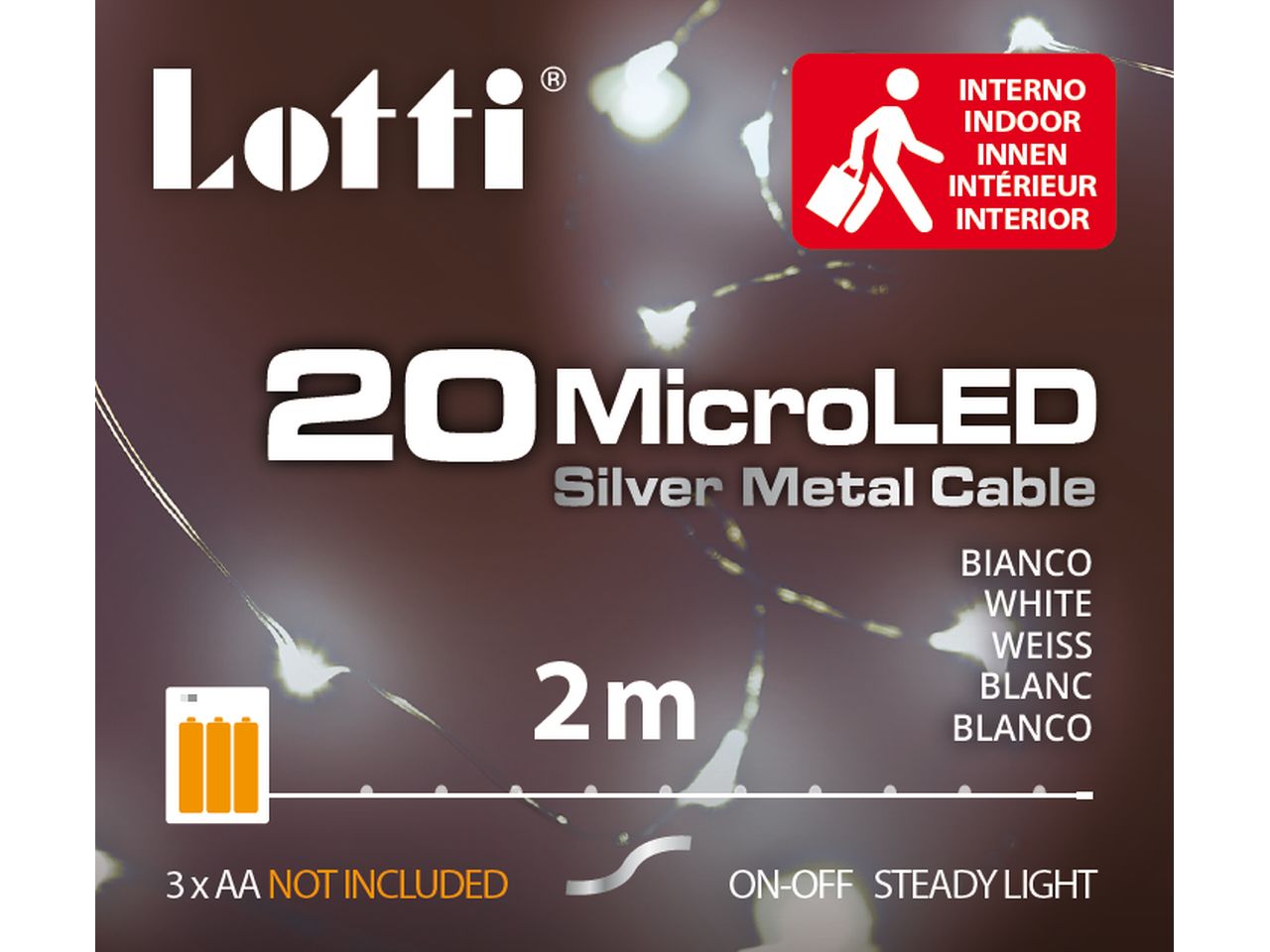 Luci con filo in metallo argento 2mt, 20 micro led bianco freddo, luce fissa, a batteria 3xAA 1,5V non incluse