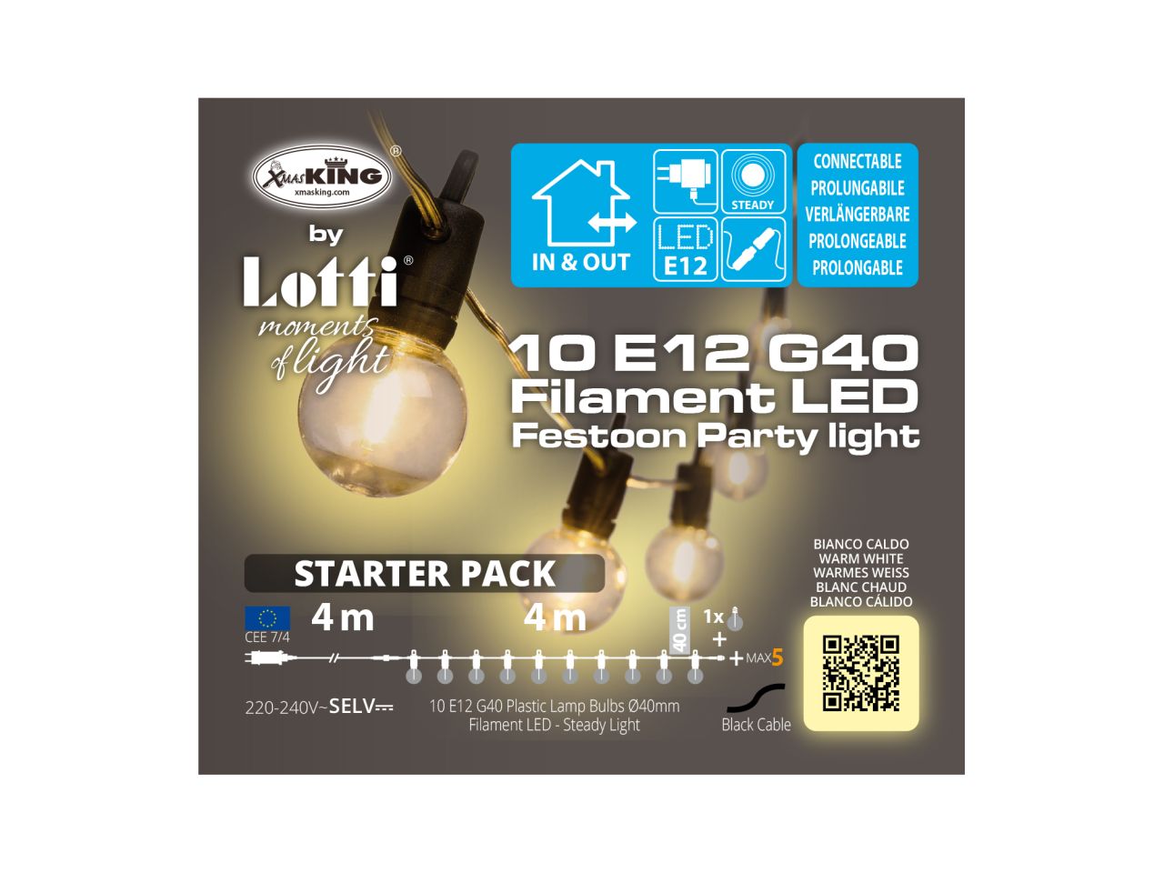 Catena di luci lineare misura 4m decorata party light con 10 lampadine in plastica trasparente antiurto led bianco caldo per uso interno ed esterno