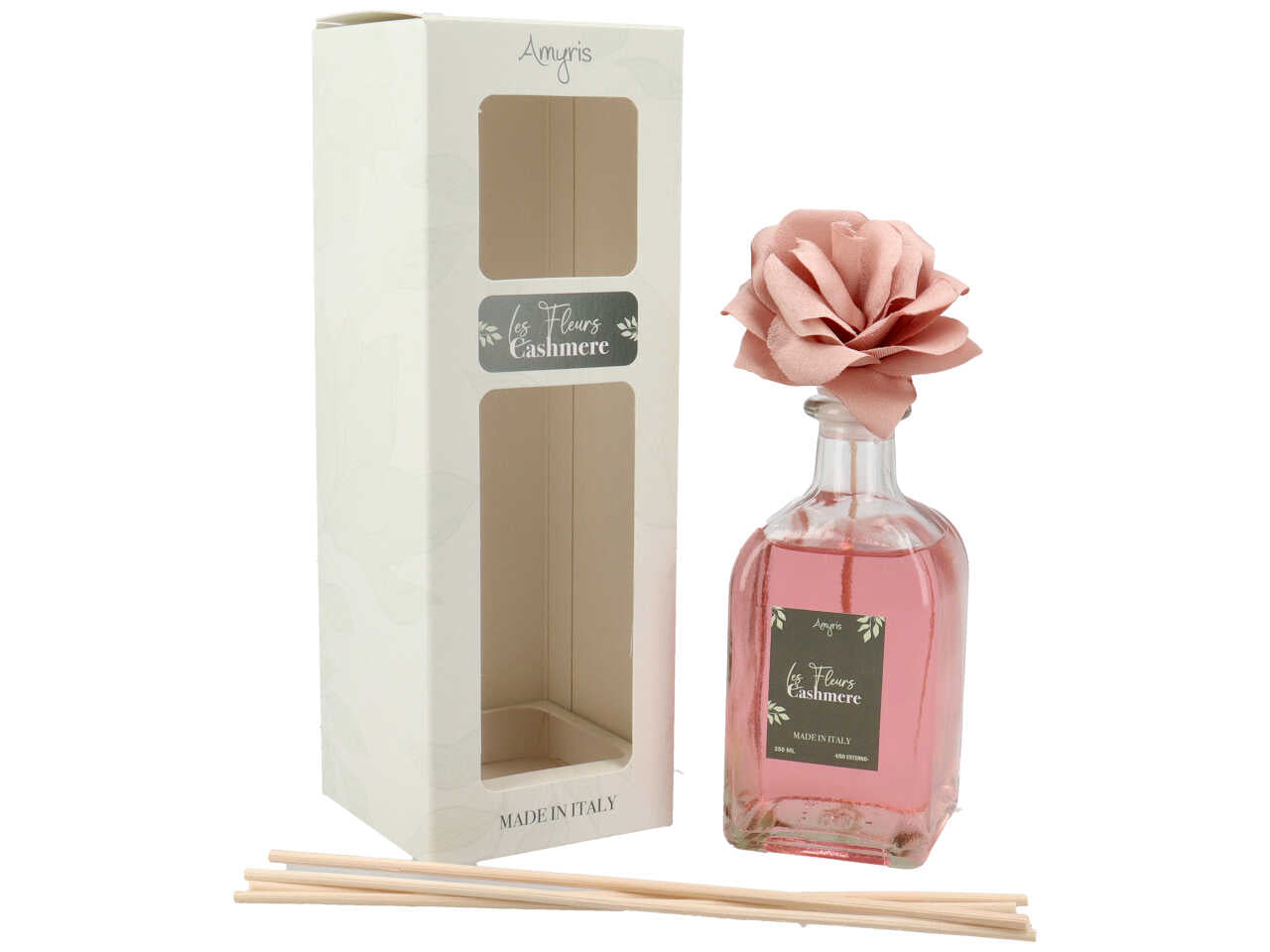 Diffusore ambiente bastoncini cashmere 250 ml, in vetro con fiore rosa e midollini in rattan - Amyris