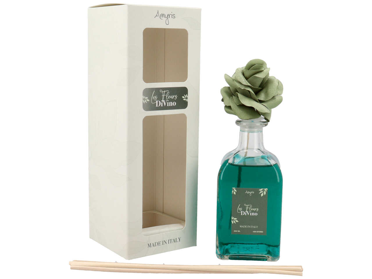 Diffusore ambiente bastoncini divino 250 ml, in vetro con fiore verde e midollini in rattan - Amyris
