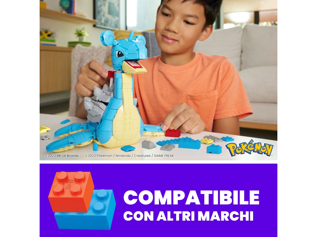 Mattel mega pokemon lapras - personaggio da costruire con 527 mattoncini