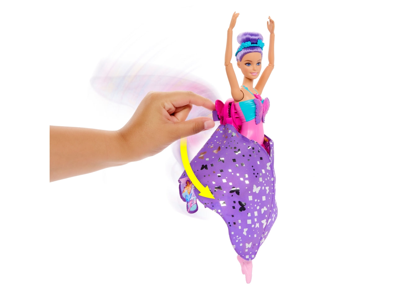 Barbie - Ali Scintillanti bambola dai capelli viola trasformazione 2 in 1 da ballerina a farfalla con ali apribili cerchietto e tutù rimovibile inclusi giocattolo per bambini 3+ anni HXJ10