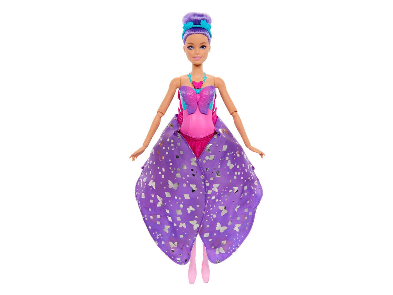 Barbie - Ali Scintillanti bambola dai capelli viola trasformazione 2 in 1 da ballerina a farfalla con ali apribili cerchietto e tutù rimovibile inclusi giocattolo per bambini 3+ anni HXJ10