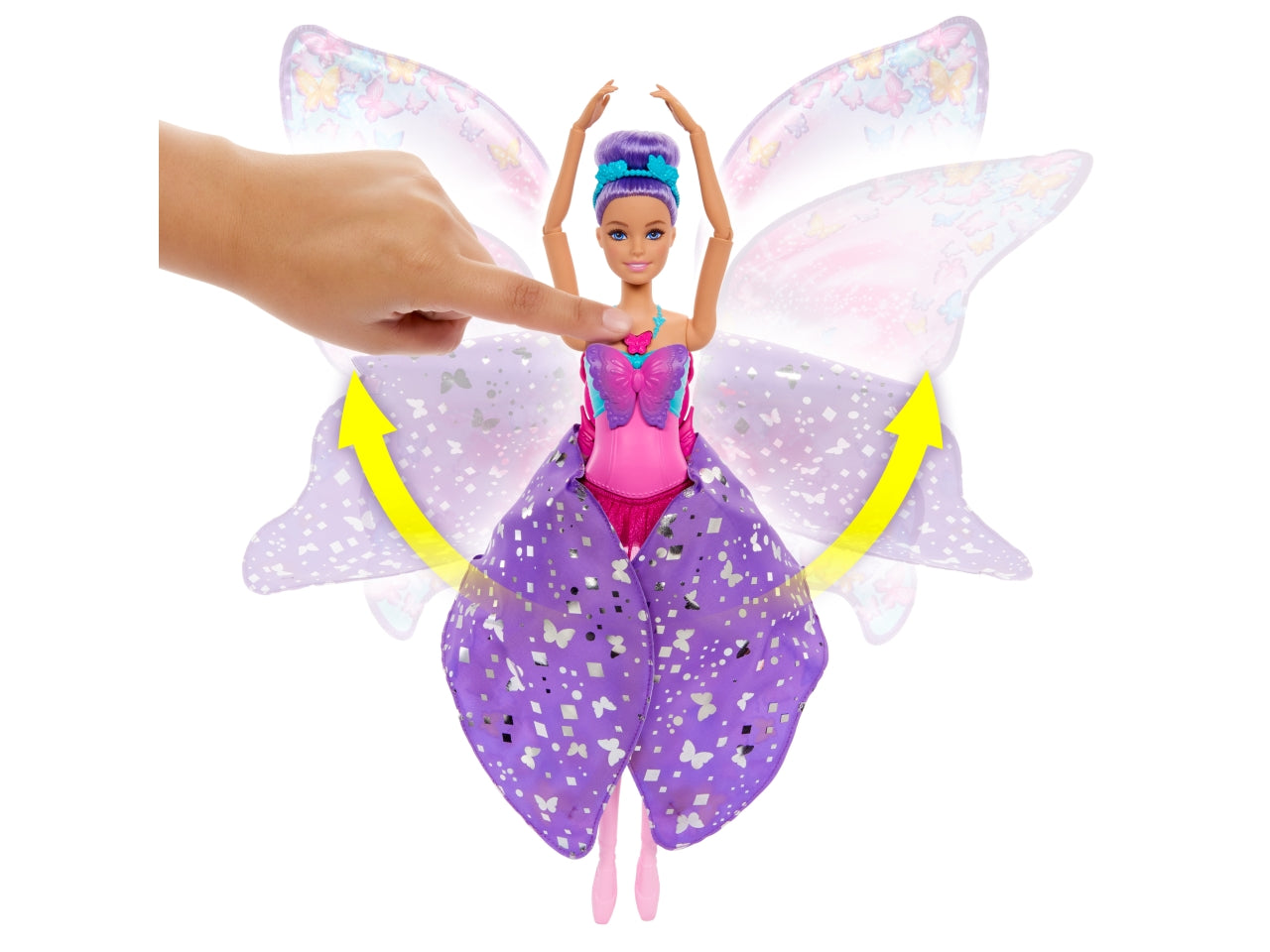 Barbie - Ali Scintillanti bambola dai capelli viola trasformazione 2 in 1 da ballerina a farfalla con ali apribili cerchietto e tutù rimovibile inclusi giocattolo per bambini 3+ anni HXJ10