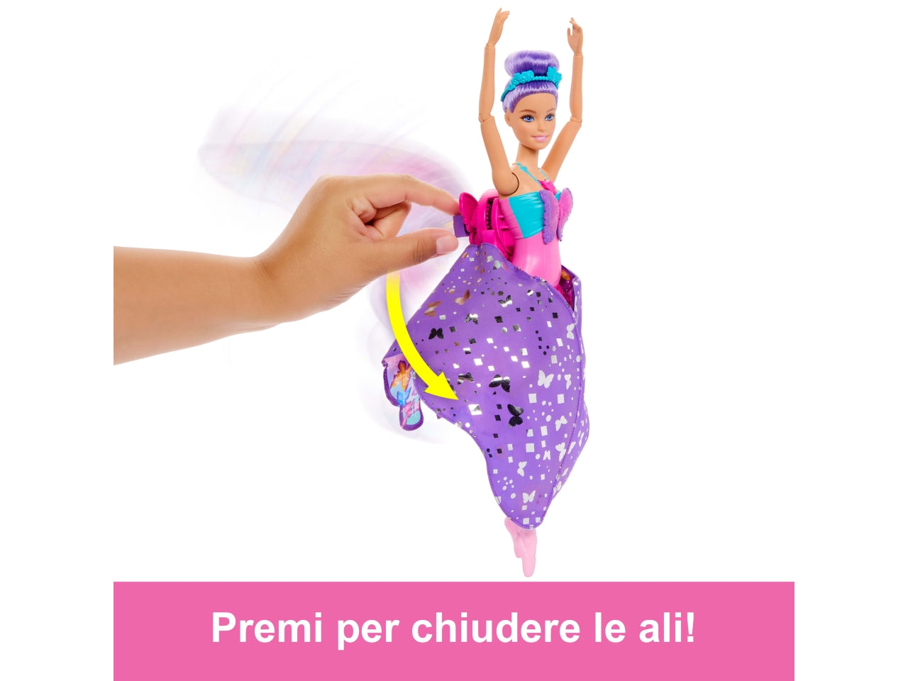 Barbie - Ali Scintillanti bambola dai capelli viola trasformazione 2 in 1 da ballerina a farfalla con ali apribili cerchietto e tutù rimovibile inclusi giocattolo per bambini 3+ anni HXJ10