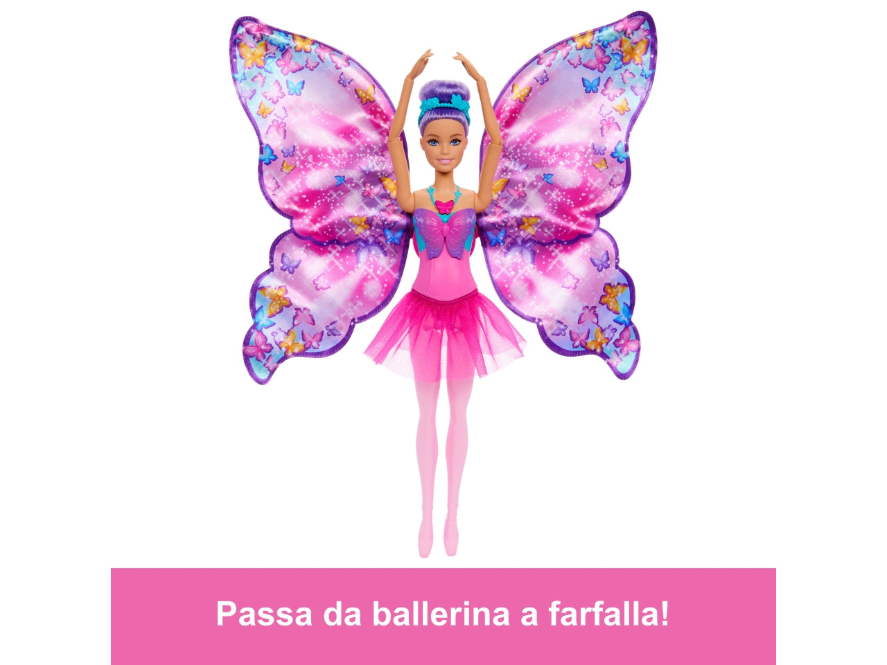 Barbie - Ali Scintillanti bambola dai capelli viola trasformazione 2 in 1 da ballerina a farfalla con ali apribili cerchietto e tutù rimovibile inclusi giocattolo per bambini 3+ anni HXJ10