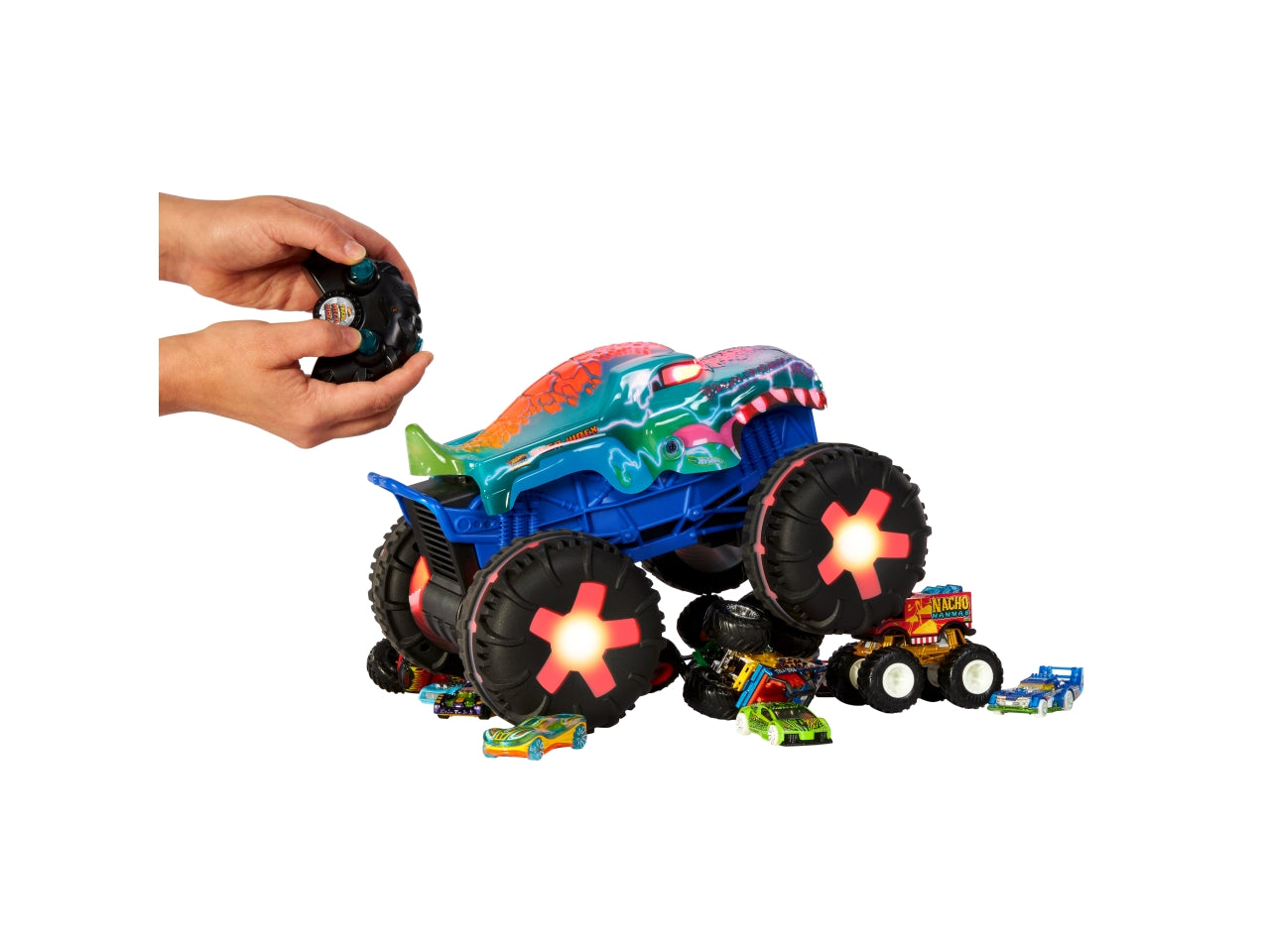 Hot Wheels Monster Trucks - Mega-Wrex oversize R/C truck radiocomandato in scala 1:15 con 3 modalità di gioco luci e suoni interattivi giocattolo per bambini 5+ anni JBD90