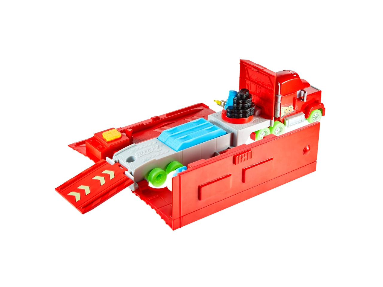 Disney Pixar CARS - Mack Trasportatore Auto Luminose, playset con truck fluorescente 2 in 1 e officina, lanciatore, ponte sollevatore e tanti accessori inclusi, giocattolo per bambini, 3+ anni - Mattel