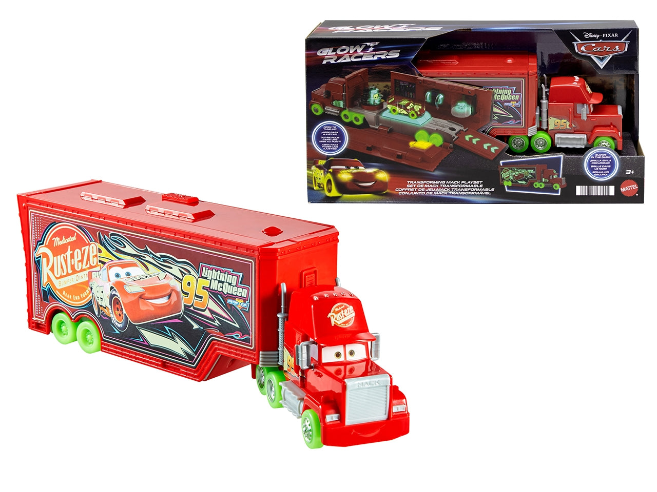 Disney Pixar CARS - Mack Trasportatore Auto Luminose, playset con truck fluorescente 2 in 1 e officina, lanciatore, ponte sollevatore e tanti accessori inclusi, giocattolo per bambini, 3+ anni - Mattel