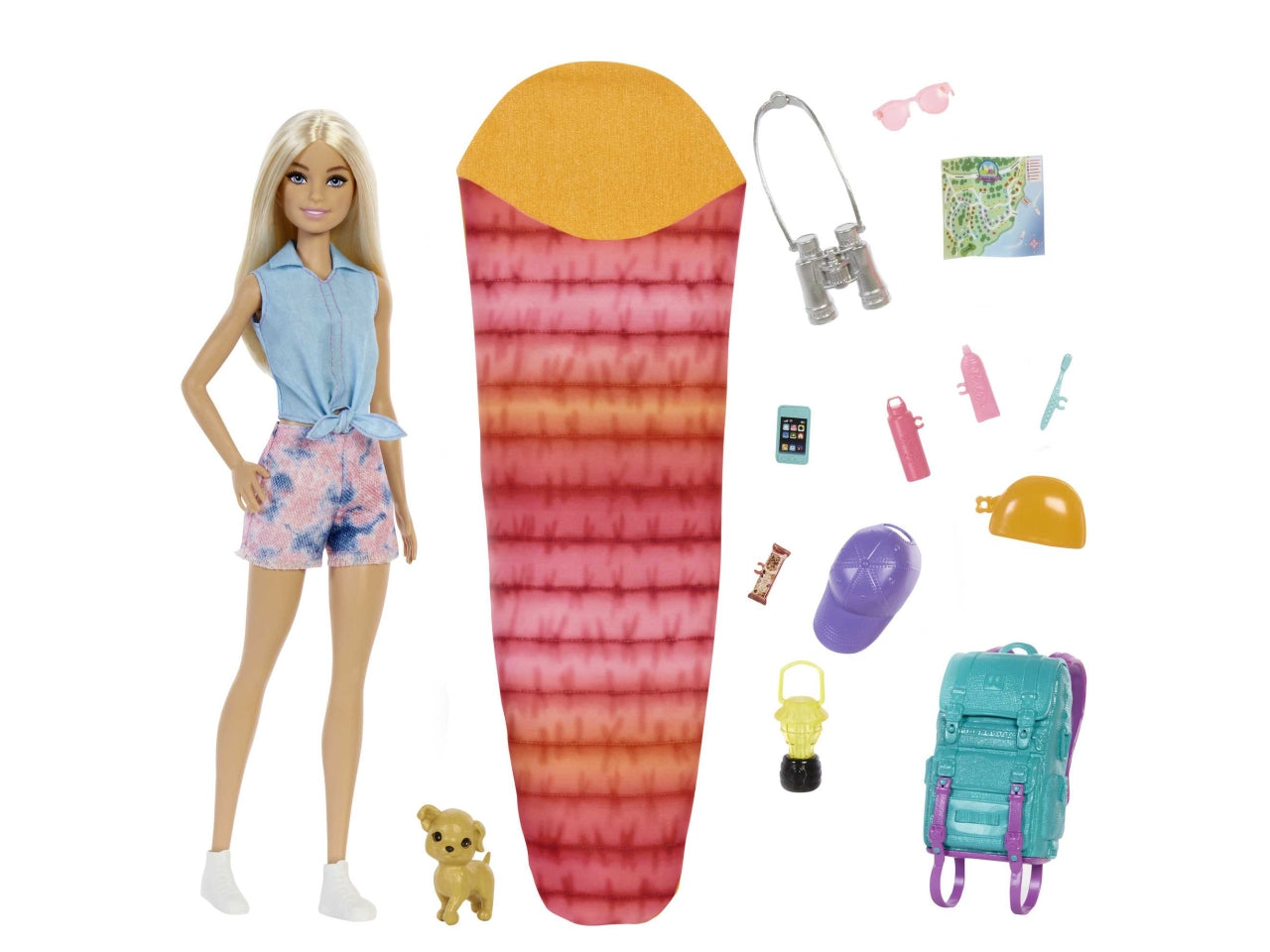 Barbie Siamo in Due Malibu in Campeggio Bambola Bionda con Cagnolino, Zaino, Sacco a Pelo e Accessori da Campeggio, Giocattolo per Bambini 3+ Anni - Mattel