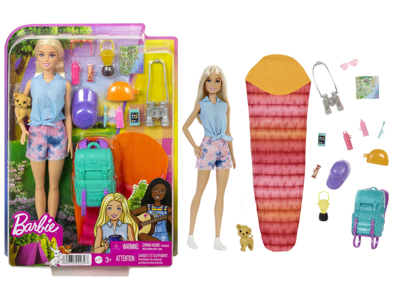 Barbie Siamo in Due Malibu in Campeggio Bambola Bionda con Cagnolino, Zaino, Sacco a Pelo e Accessori da Campeggio, Giocattolo per Bambini 3+ Anni - Mattel