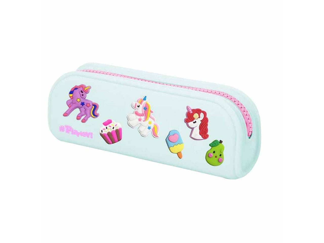 Astuccio in silicone con patches verde acqua con unicorni 19,5x8x5 cm - Dimagraf