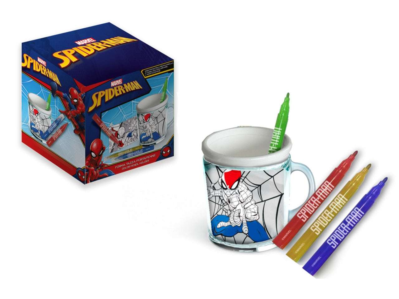 Tazza Portapenne Spider-man da Colorare con 4 Pennarelli e 3 Fogli - Licenza Marvel