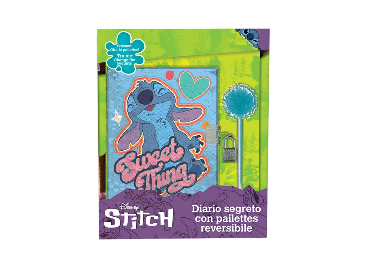 Diario segreto Stitch con pailettes reversibili, penna magica e lucchetto (con 2 chiavi) - Disney