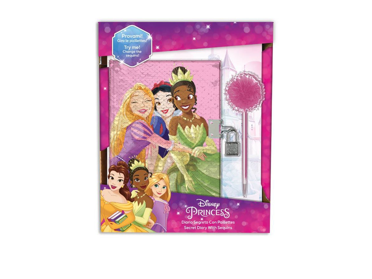 Diario segreto Principesse con pailettes reversibili, penna magica e lucchetto (con 2 chiavi) - Disney