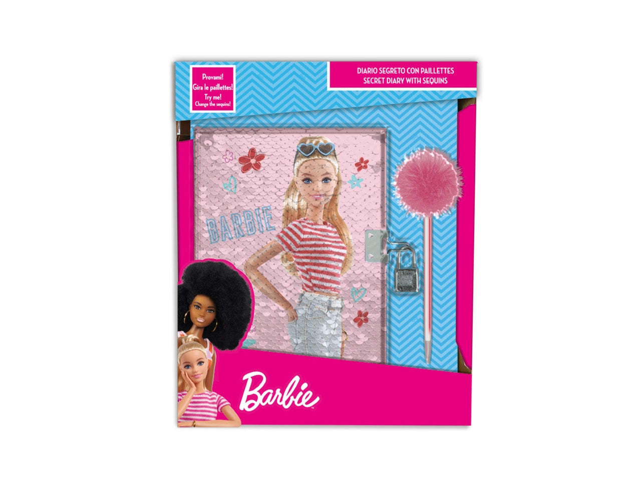 Diario segreto Barbie con pailettes reversibili, penna magica e lucchetto (con 2 chiavi)