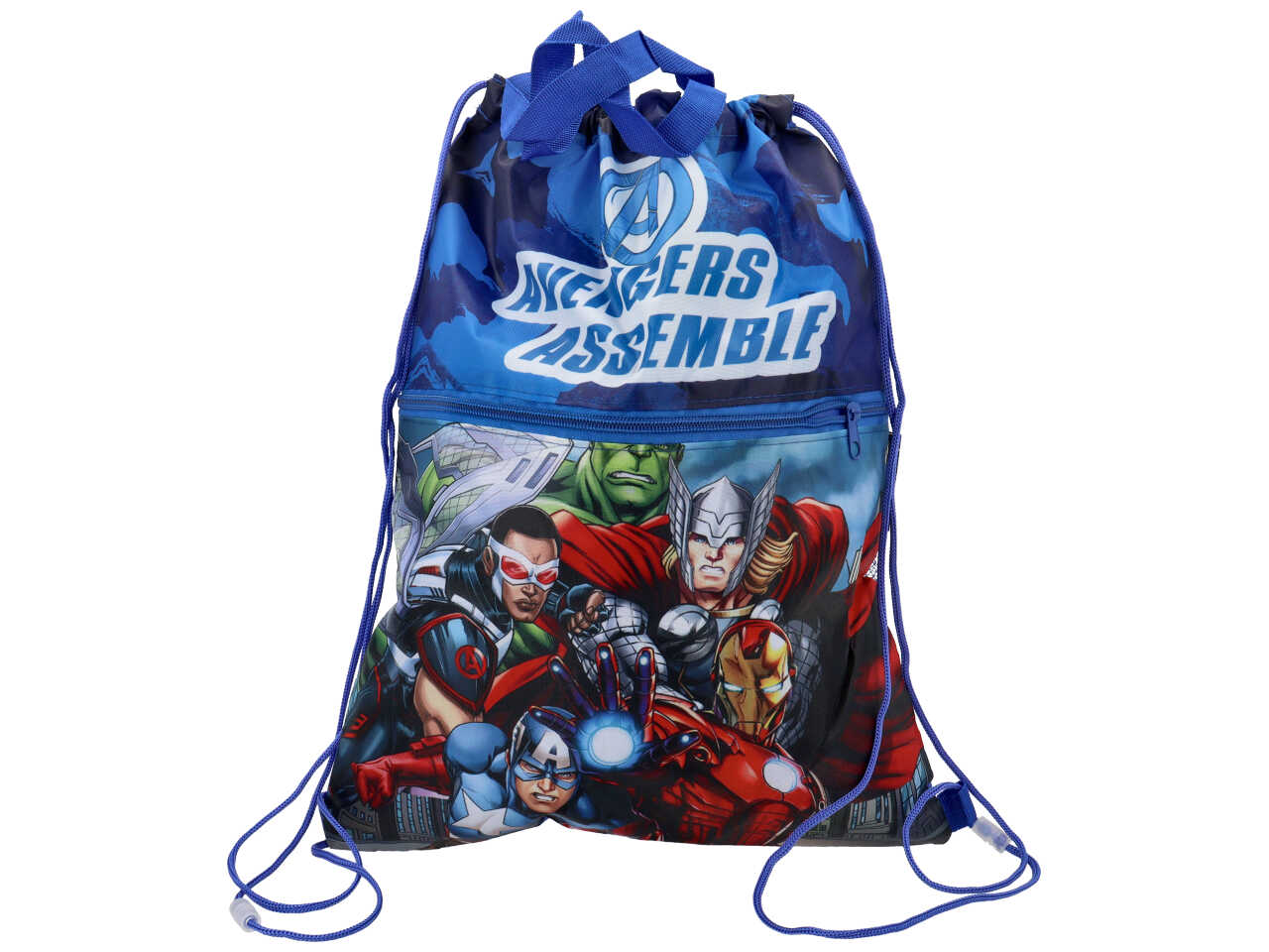 Sacca zaino Avengers bambino blu in poliestere con tasca e zip 44x34 cm - MC Group