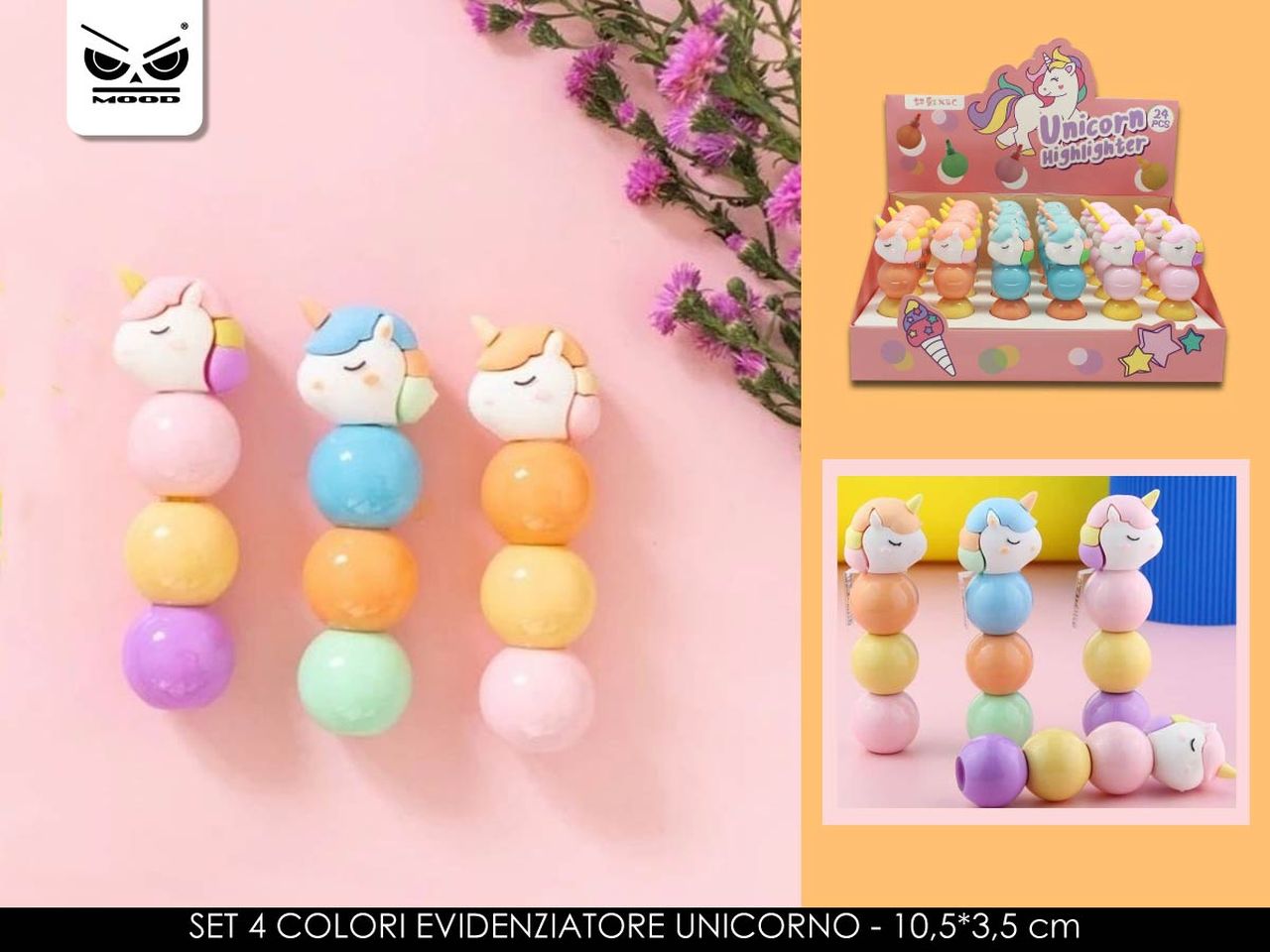 Evidenziatori unicorno - il set comprende 4 evidenziatori in colori assortiti h.10,5cm