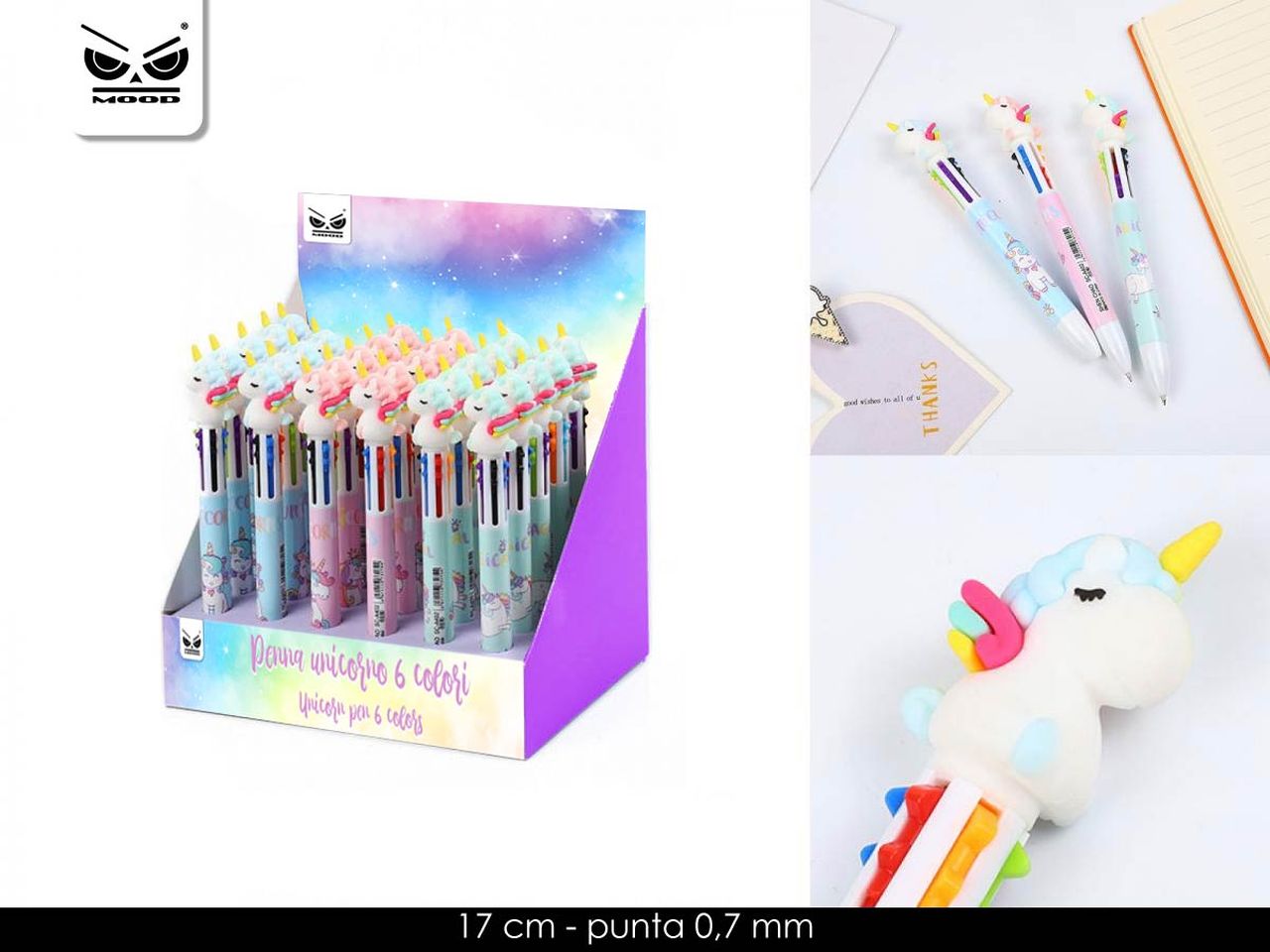 Penna unicorno 6 colori assortiti misura 17cm inchiostro nero 0,5mm - la parte superiore è rotante