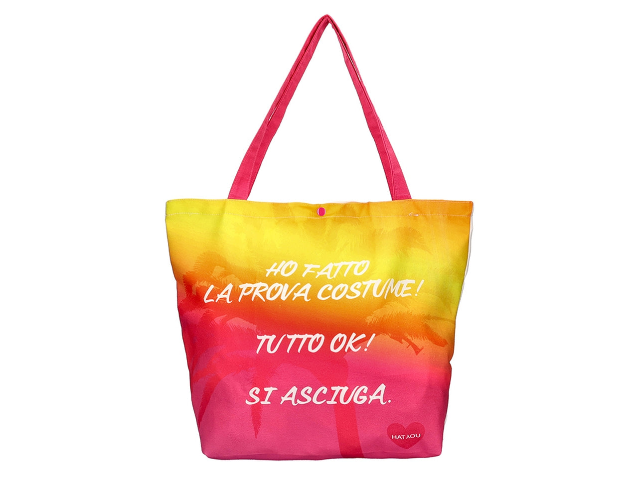 Shopper in tessuto sintetico fucsia e giallo con frasi divertenti 38x32x15 cm - Hat You $