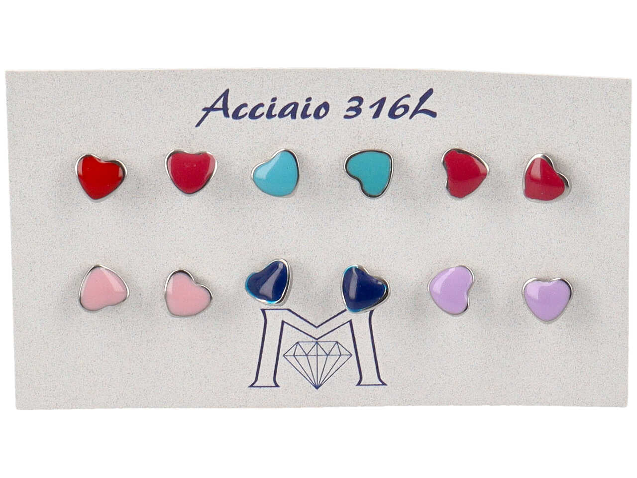 Orecchini a forma di cuore smaltati in 5 diversi colori - la confezione contiene 6 paia