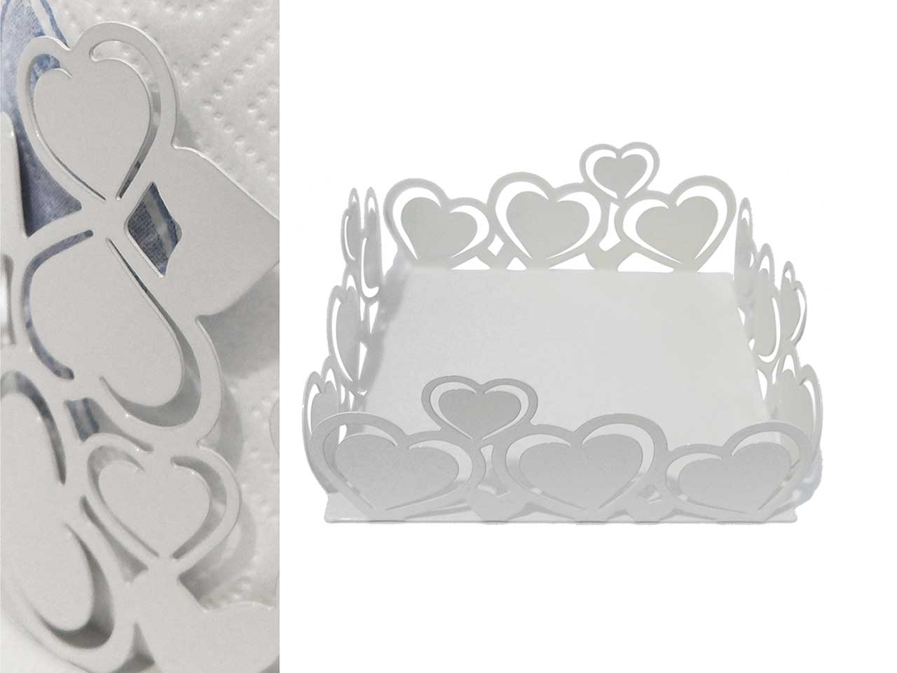 Portatovaglioli shabby chic in ferro bianco con cuori 17x17x6,5 cm - Giardini di Marzo