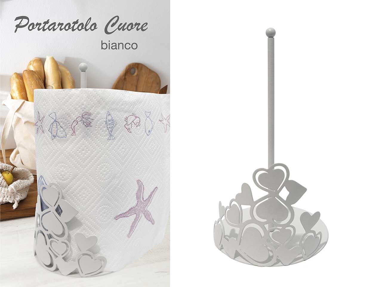 Portarotoli shabby chic in ferro bianco con cuori 15x34cm - Giardini di Marzo