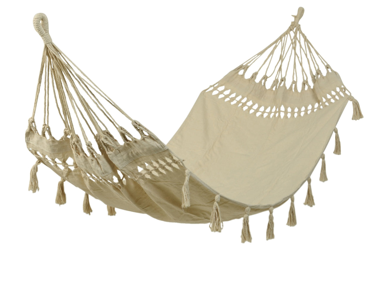 Amaca da giardino in cotone, boho, con sistema di fissaggio a corde e sacca per il trasporto inclusa, 100x200 cm, altezza 290 cm, 3 colori disponibili - Kaemingk
