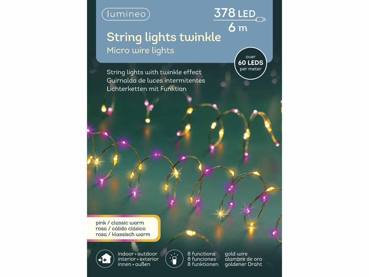 Luci natalizie micro led extra dense con 8 funzioni effetto scintillio per uso esterno colore oro rosa caldo classico misura lun.600cm misura del led micro numero di led 378