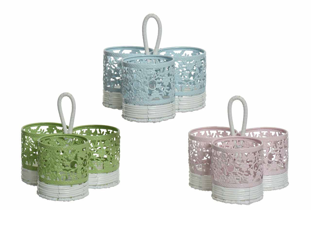 Cestino in ferro rotondo con motivo floreale ritagliaro e manico a forma di corda in plastica rotondo 18.5xh.10cm 3 assortimenti