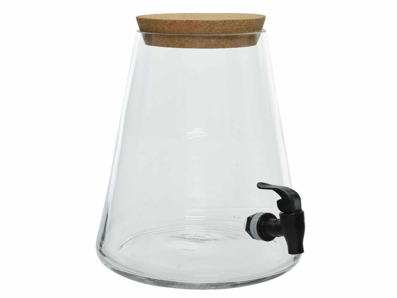 Dispenser con rubinetto in vetro a forma di v con coperchio in sughero e idrovalvola in plastica per alimenti volume 5 litri d.22xh.25cm